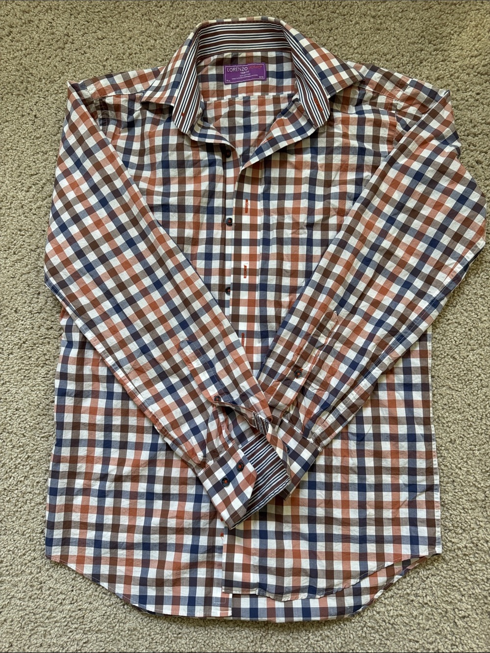 LorenzoUOMO Men's Brown & Blue Plaid Button-Down Trim Shirt